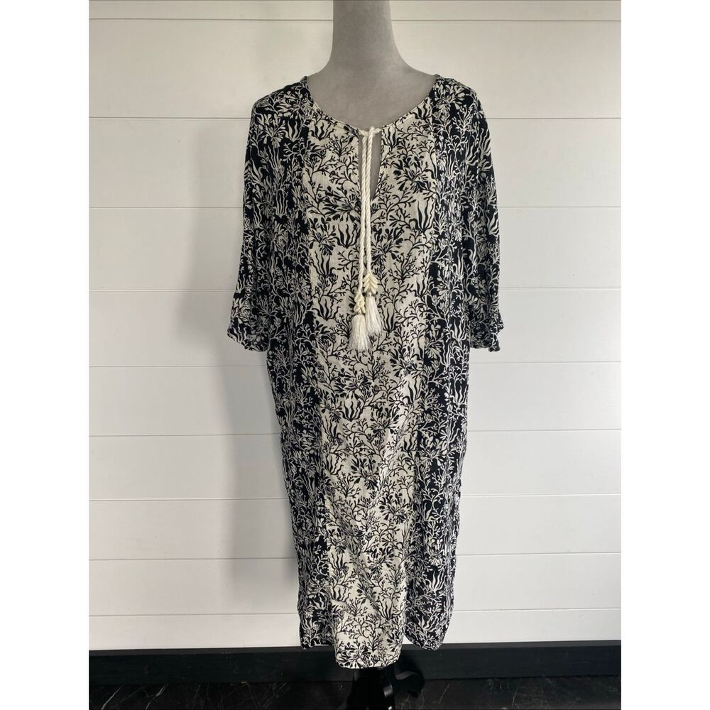 Martha Stewart Kaftan Dress Beach Cover-Up Size S Black & White Linen Blend